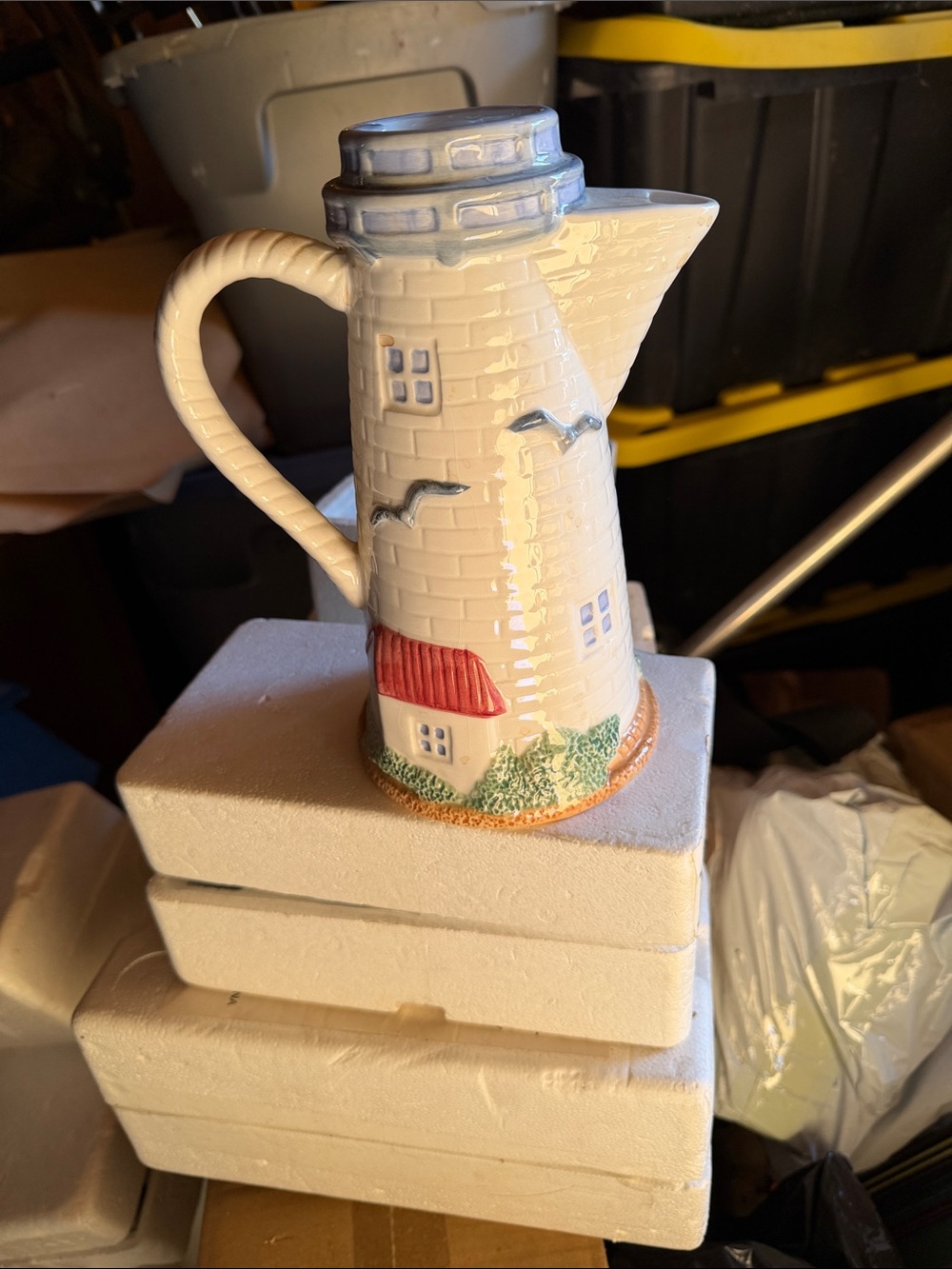 Vintage Ceramic Lighthouse Pitcher - White with Blue and Red Accents